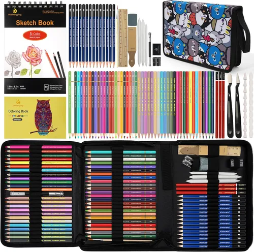 Kit de 100 suministros de arte para dibujo, juego de suministros de dibujo profesional con cuaderno de bocetos de 3 colores, libro para colorear,