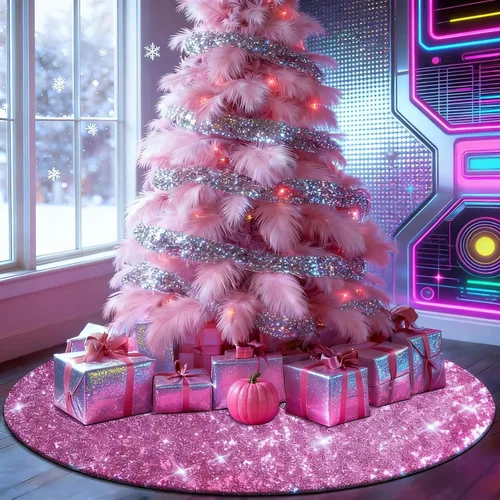 Falda de Árbol de Navidad Rosa, Falda de Árbol de Lentejuelas Brillantes Rosa de 36 Pulgadas, Alfombrillas de Árbol de Navidad de Purpurina para