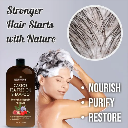 Miniatura 5 de Champú acondicionador de árbol de té de ricino – un conjunto antipérdida de cabello fórmula espesante para el crecimiento del cabello, anti