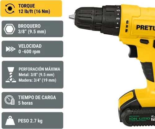 Miniatura 2 de Taladro inalámbrico, batería de iones de litio 12 V Pretul