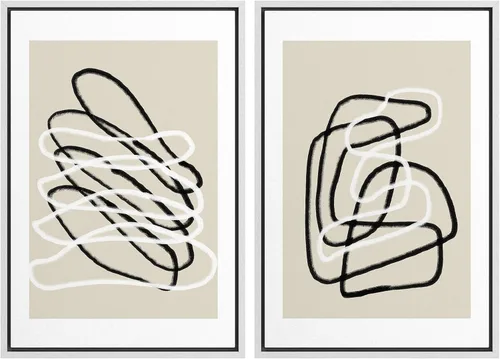 Miniatura 69 de SIGNWIN Lienzo enmarcado para pared, juego de arte de collage de ondas en espiral de mediados de siglo, formas abstractas, acogedor, neutro