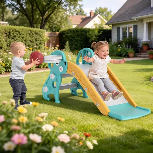 Miniatura 4 de BIERUM Tobogán 4 en 1 para niños pequeños, tobogán infantil para patio de juegos interior y exterior, toboganes con aro de baloncesto y lanzamiento