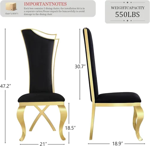 Miniatura 2 de ACEDÉCOR Juego de 2 sillas de comedor de terciopelo, sillas de cocina tapizadas de lujo negras con respaldo alto aerodinámico, modernas y hermosas
