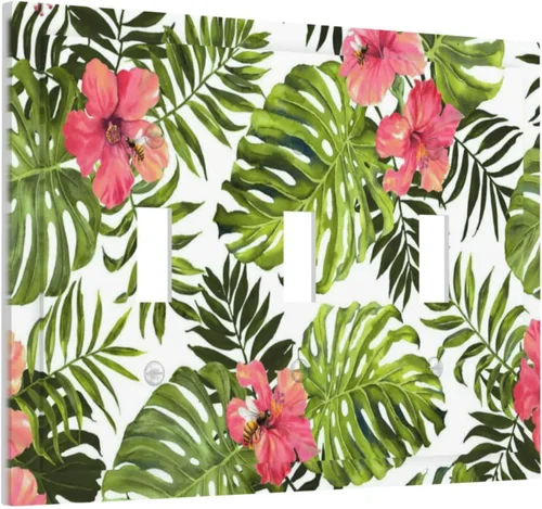 Miniatura 76 de Cubierta de placa de pared con palmera verde de planta tropical, cubierta de interruptor de luz de 1 cuadrilla, hojas de plátano, flores rosas
