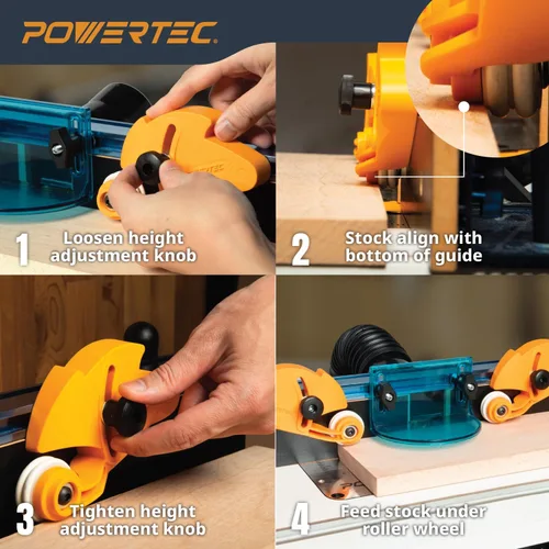 Miniatura 4 de POWERTEC Guía de Material con Rodillos Ajustable, Herramienta Alimentadora de Material con Rodamiento Unidireccional – Reduce el Retroceso y Aumenta