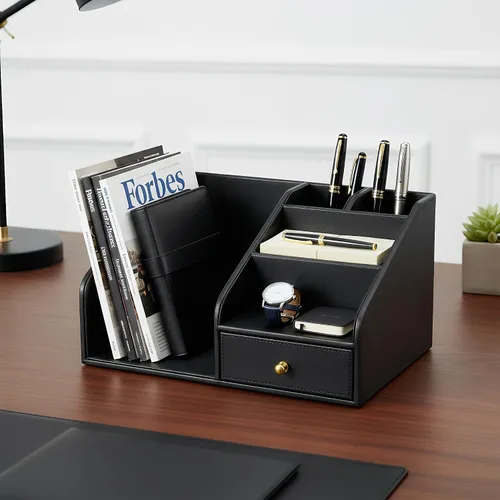 Miniatura 9 de KINGFOM Organizador de escritorio de piel sintética, organizador de escritorio multifunción con 6 compartimentos y accesorios para suministros
