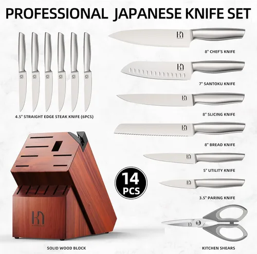 Miniatura 6 de KnifeSaga Juego de cuchillos de acero inoxidable japonés de alto carbono, 14 piezas, juego de cuchillos de cocina con afilador integrado y bloque