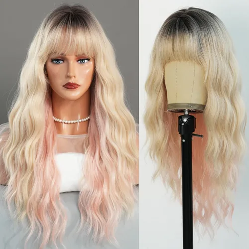 Miniatura 7 de Peluca larga negra ondulada para mujer, peluca sintética de color oscuro con flequillo, resistente al calor, de aspecto natural, sin pegamento