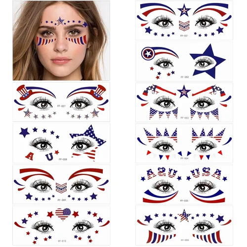 HOWAF Calcomanías de tatuaje facial del 4 de julio, 10 calcomanías de maquillaje facial del Día de la Independencia de Estados Unidos, tatuajes