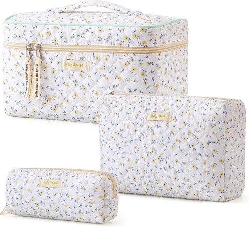 Miniatura 33 de HBselect Bolsa de maquillaje acolchada, 3 piezas de algodón grande, bolsa de maquillaje de viaje, bonita bolsa de maquillaje floral de coqueta