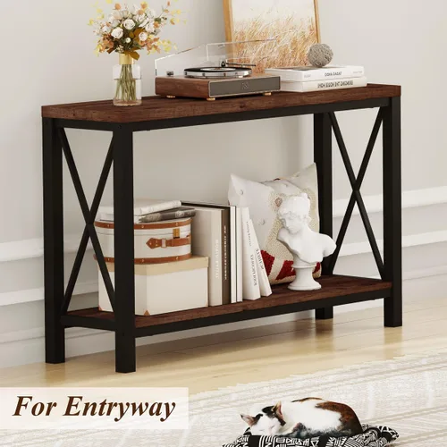 Miniatura 6 de BON AUGURE Mesa consola de 2 niveles para entrada, mesa de sofá de metal y madera detrás del sofá para sala de estar, mesas de entrada industriales