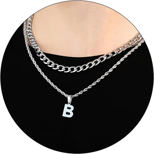 Miniatura 18 de SENRAN Collar con inicial en capas de la A a la Z para hombre, cadena de cuerda torcida de acero inoxidable de 18 a 20 pulgadas, dije de letra