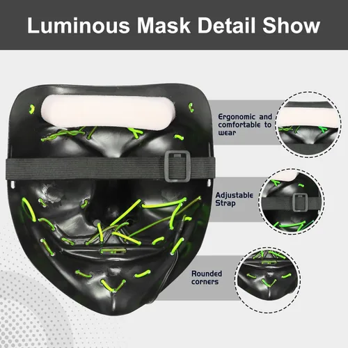 Miniatura 3 de Máscara de luz LED de Halloween, máscara brillante de miedo para disfraces de cosplay, festivales, suministros de fiesta de carnaval, regalos Verde