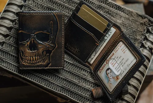 Miniatura 2 de HoJ Co. SKULL - Cartera delgada para tarjetas Funda plegable Cartera minimalista de bolsillo frontal Cuero de grano completo con acabado bruñido