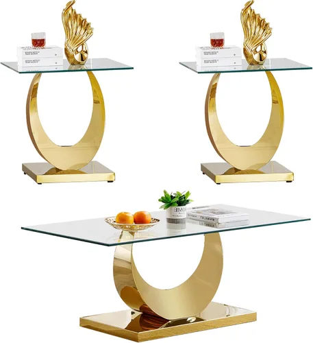 Miniatura 22 de SSLine Mesa auxiliar de cristal de lujo para sala de estar, mesa auxiliar moderna dorada con base de pedestal de acero inoxidable en forma de flor
