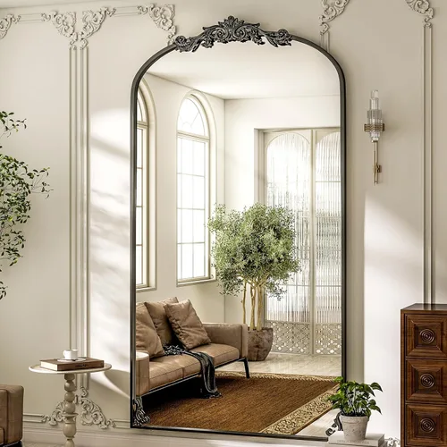 Miniatura 8 de GLSLAND Espejo Vintage - 72" x 44" Espejo de Cuerpo Completo Grande Tallado Arqueado con Marco de Metal Barroco Espejos de Cuerpo Completo para Negro
