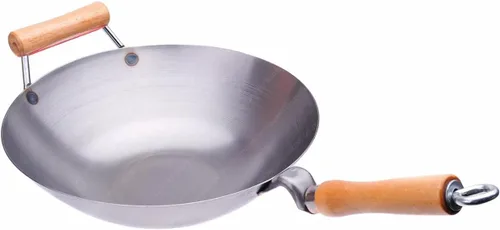 Wok de acero de carbono con manija asistidora, parte inferior, 12 pulgadas, calibre 14 de grosor, hecho en EE. UU.