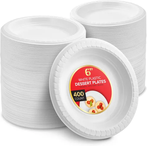 Stock Your Home 400 platos de plástico blanco de alta calidad, platos desechables blancos de 6 pulgadas para pastel de boda, platos de postre de