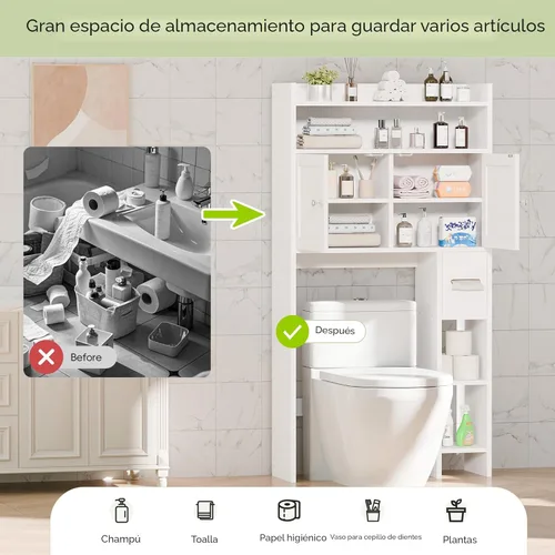 Miniatura 3 de MU Gabinete de almacenamiento sobre el inodoro con puertas, organizador de almacenamiento de baño de 32 pulgadas con estantes laterales, estante