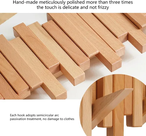Miniatura 4 de DESAINOPH® Perchero de abrigos de madera montado en la pared, varillas multifuncionales de madera maciza hechas a mano con 5 ganchos modernos