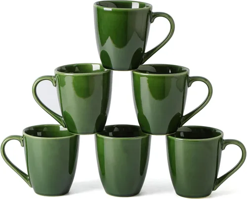 Miniatura 11 de vicrays Juego de tazas de café, 11 onzas, juego de 6, tazas de cerámica para hombres y mujeres, tazas esmaltadas únicas con asa para café, té, Negro