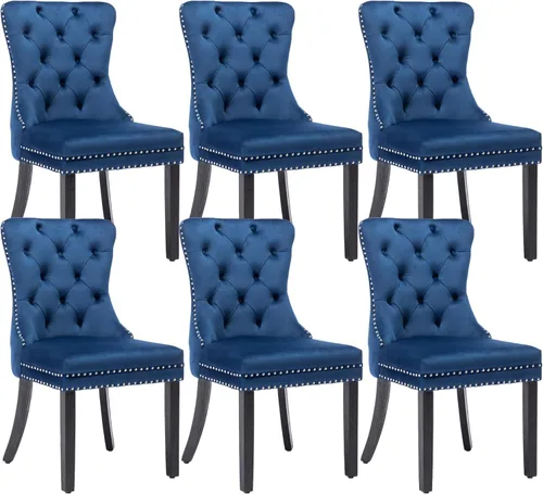 Miniatura 12 de KCC Nikki Collection - Juego de 4 sillas de comedor de terciopelo tapizadas de alta gama con anillo trasero de clavo, patas de madera maciza
