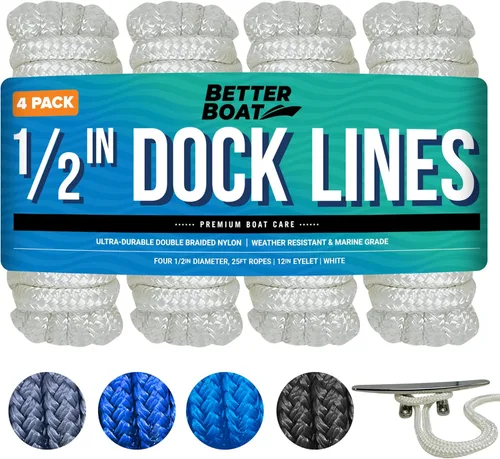 Miniatura 15 de Líneas de muelle para barcos de 1/2 pulgada x 25 pies, paquete de 2 cuerdas de nailon trenzado doble con bucle de 12 pulgadas, línea de amarre