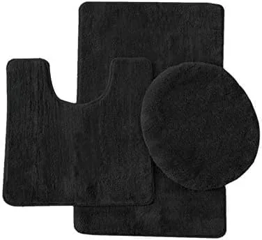 Juego de 3 alfombras de baño sólidas que incluye alfombra de baño, tapete de contorno y cubierta para tapa de inodoro (negro)