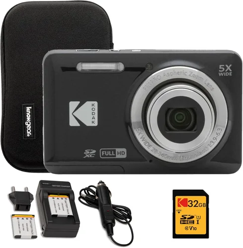 Kodak PIXPRO Friendly Zoom FZ55 Cámara digital (negro) Paquete con tarjeta SD de 32 GB, funda para cámara y cargador de viaje de batería (4