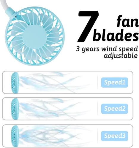 Miniatura 3 de Ventilador portátil para el cuello de mano libre, USB, cuelga del cuello, rotación libre de 360 grados, ventilador de refrigeración personal de Azul