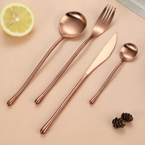 Miniatura 2 de JASHII Juego de cubiertos de acero inoxidable de oro rosa 18/10, juego de cubiertos de 24 cuchillos y tenedores con mango redondo, acabado satinado