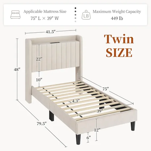 Miniatura 2 de Yaheetech Twin Platform Bed Frame, Upholstered Wing Side Headboard with USB Charging Station and Storage Shelf, Wooden Slat Support, Noise Free, No