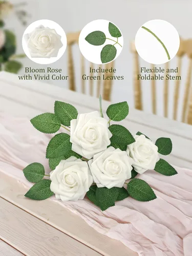 Miniatura 4 de MACTING 30 Rosas Artificiales Blancas Flores Falsas con Tallo Rosas de Espuma de Tacto Real para DIY Arreglos de Ramo de Boda Centros de Mesa White-1