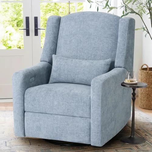 Silla reclinable eléctrica giratoria, reclinable grande con puerto de carga USB, deslizador tapizado de felpilla para guardería, dormitorio, sala de