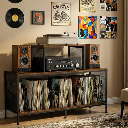 Miniatura 4 de Sonyabecca Espaciosa mesa de tocadiscos vintage – Capacidad para 150 – 250 álbumes de vinilo, divisores ajustables, áreas de visualización lateral