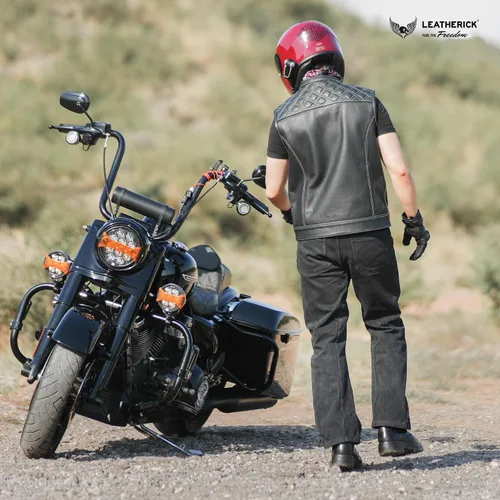 Miniatura 2 de Leatherick Mens Black Motorcycle Vests - Top Grain Cow Leather SOA Club & Traditional Paisley Satin Liner Leather Biker Vests