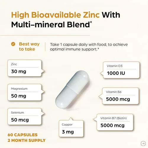 Miniatura 7 de Zinc 30mg con cobre, selenio y vitamina D3 60 cápsulas Magnesio, vitamina B6, complejo de biotina Suplementos de zinc quelado absorbible
