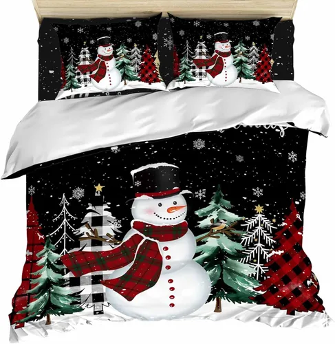 Juego de funda de edredón Queen – Juego de funda de edredón de 4 piezas de muñeco de nieve negro, juegos de ropa de cama de árbol de Navidad con