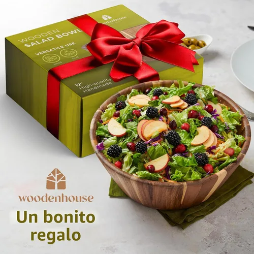 Miniatura 9 de Woodenhouse Tazón de ensalada de madera, tazón para ensalada, tazón de madera - 12" Diseño redondo, tazón de frutas hecho a mano, duradero