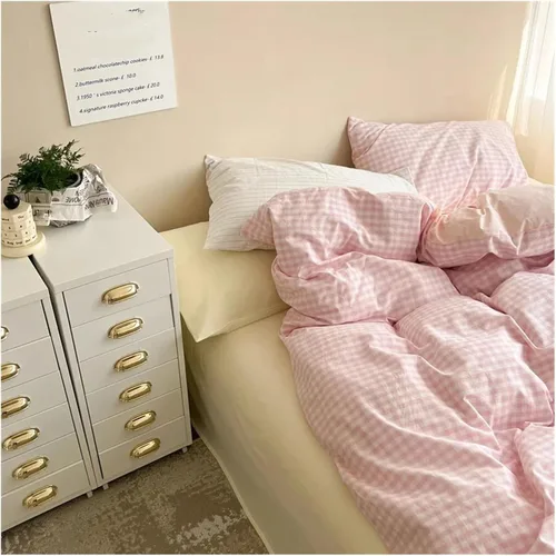 Miniatura 5 de Juego de ropa de cama de algodón rosa, tamaño Queen, matrimonial, tamaño matrimonial, sábanas ajustables, juego de funda de edredón para el hogar