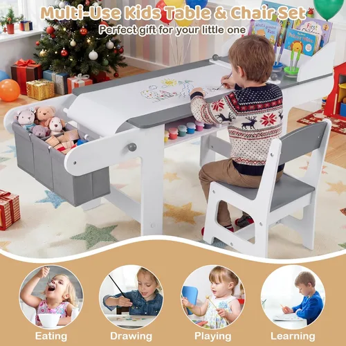 Miniatura 6 de Costzon Mesa y silla de arte para niños, mesa de madera para manualidades con rollo de papel y contenedores de tela para dibujar, leer, estudiar
