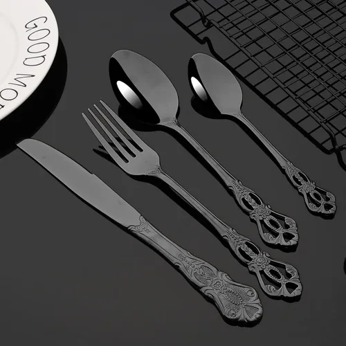 Miniatura 6 de JASHII Juego de cubiertos de acero inoxidable 304, utensilios de cocina estilo antiguo, 20 piezas, servicio para 4 vajillas negras con cuchillos