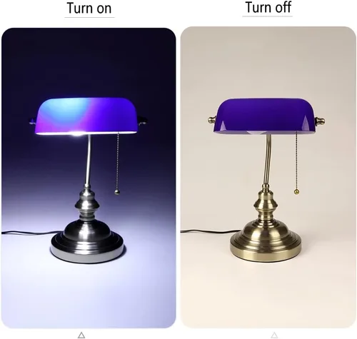 Miniatura 6 de FIRVRE Lámpara de escritorio de banqueros de cristal azul, lámpara de mesa ejecutiva brillante con interruptor de cadena de tracción, lámpara