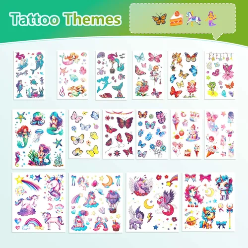 Miniatura 2 de Más de 150 tatuajes temporales con purpurina para niñas – Adhesivos impermeables envueltos individualmente – Sirena, unicornio, hada, mariposa y más