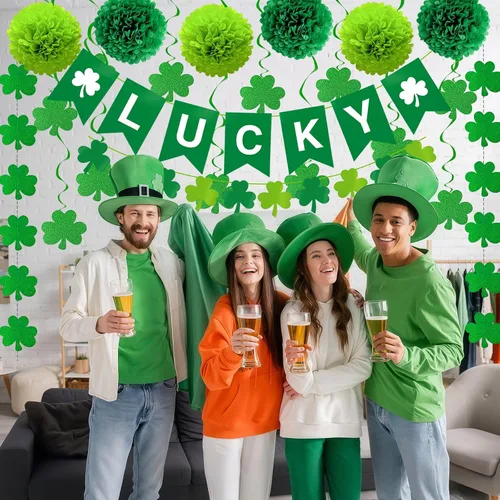 Miniatura 3 de 22 decoraciones de fiesta de despedida, pancarta de la suerte y guirnaldas de trébol, espirales colgantes, pompones para cumpleaños de la suerte