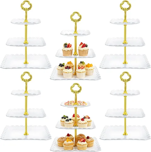 6 juegos de 3 niveles de soporte para cupcakes de fiesta de té, platos de postre de plástico blanco para cupcakes, bandejas cuadradas para tartas,