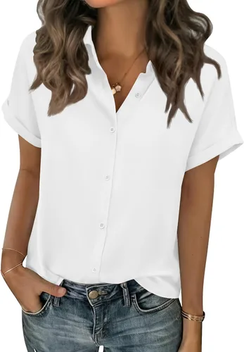 Miniatura 22 de Zeagoo Blusas de verano de manga corta para mujer, camisas casuales con botones, blusas de trabajo de negocios sólidas/a rayas