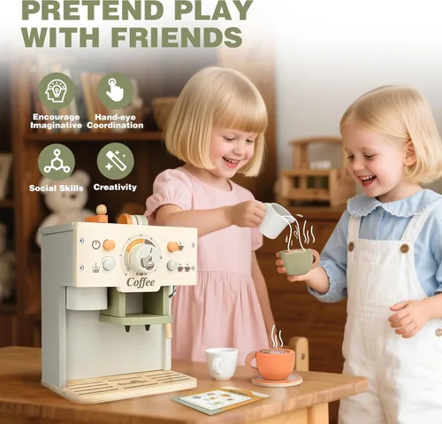 Miniatura 6 de Dreamon Cafetera de Juguete para Conjunto de Cocina de Niños, Accesorios de Cocina de Madera Juego de Simulación Conjunto de Juego de Café