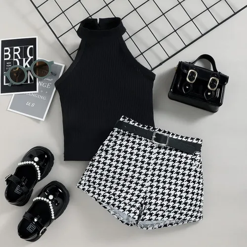 Miniatura 120 de TheFound Trajes de verano para niñas pequeñas, sin mangas, de punto acanalado, halter, pantalones cortos, ropa para recién nacidos, conjunto de 3