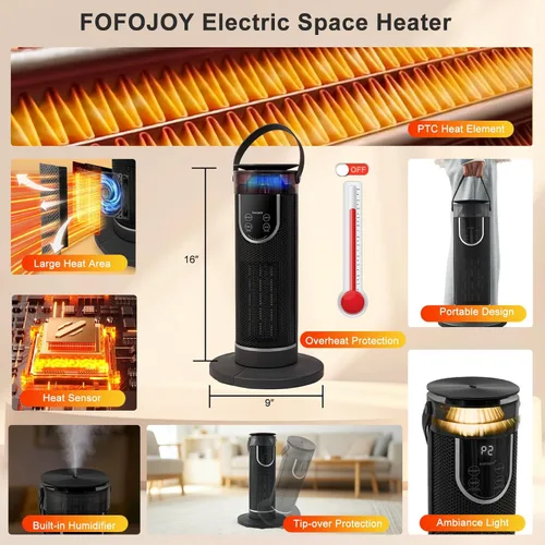 Miniatura 9 de Calentadores de espacio para uso en interiores, calentador eléctrico con control remoto, humidificador, temporizador de 12 horas, 3 modos